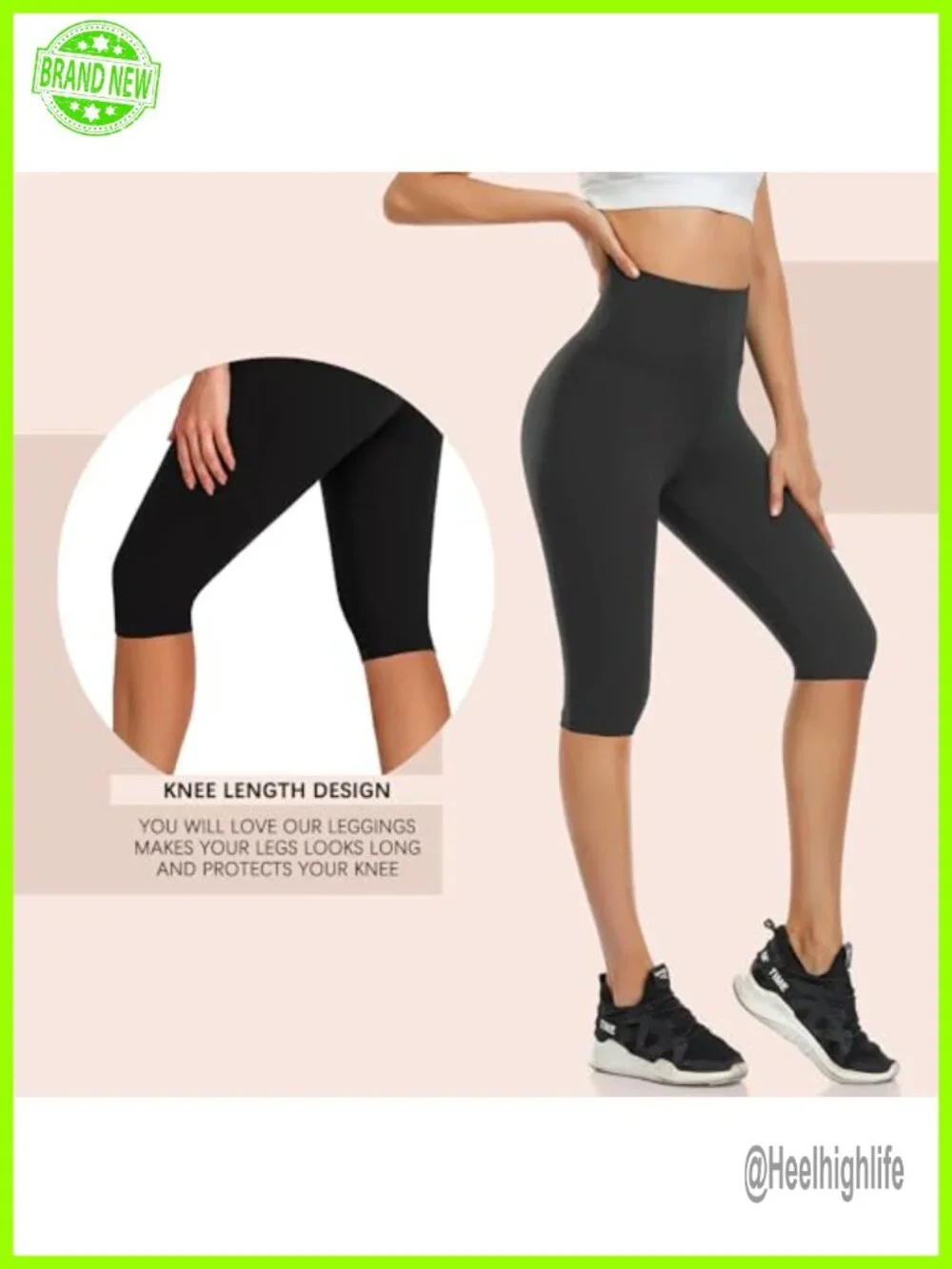 3 Pack High Waisted Knee Length Capri Leggings with Pockets Tummy Control